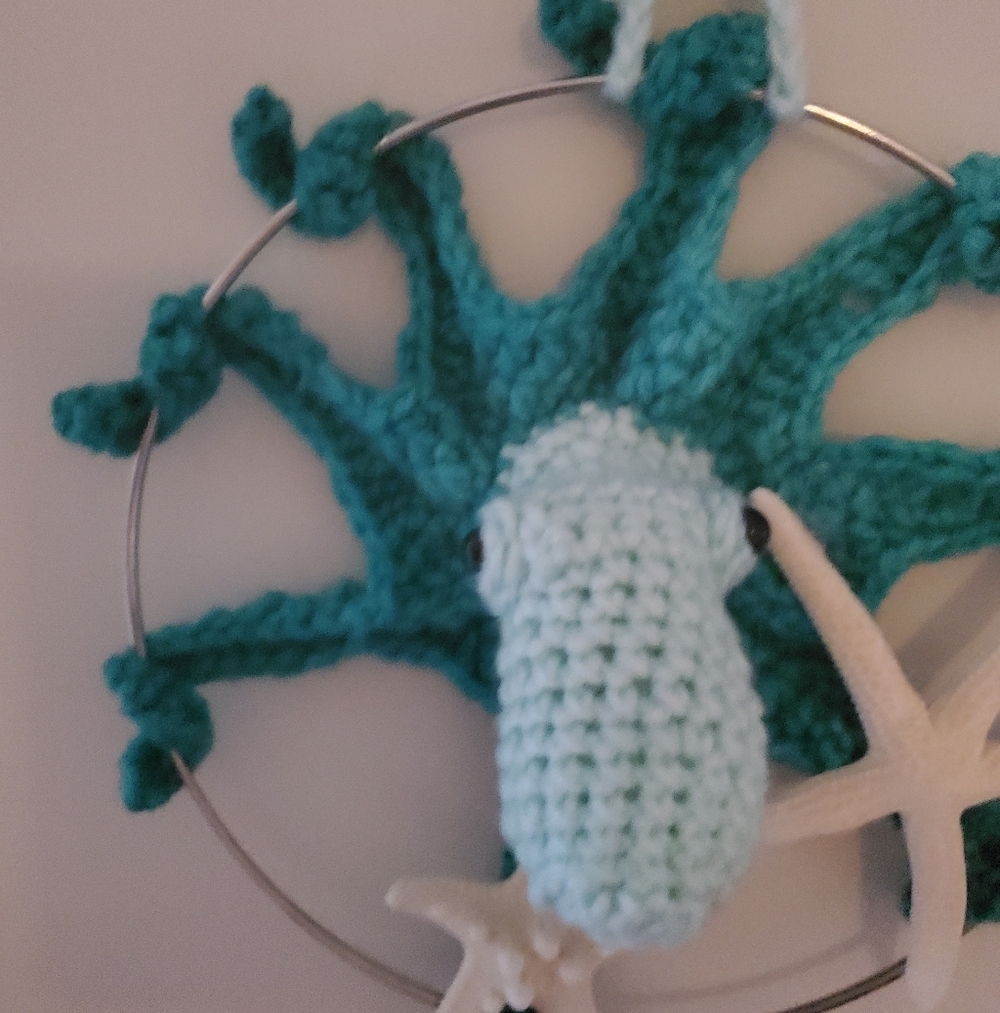 Handmade Crochet Sea Star Wall Hanging in Teal and Light Blue - Picture 3 of 11